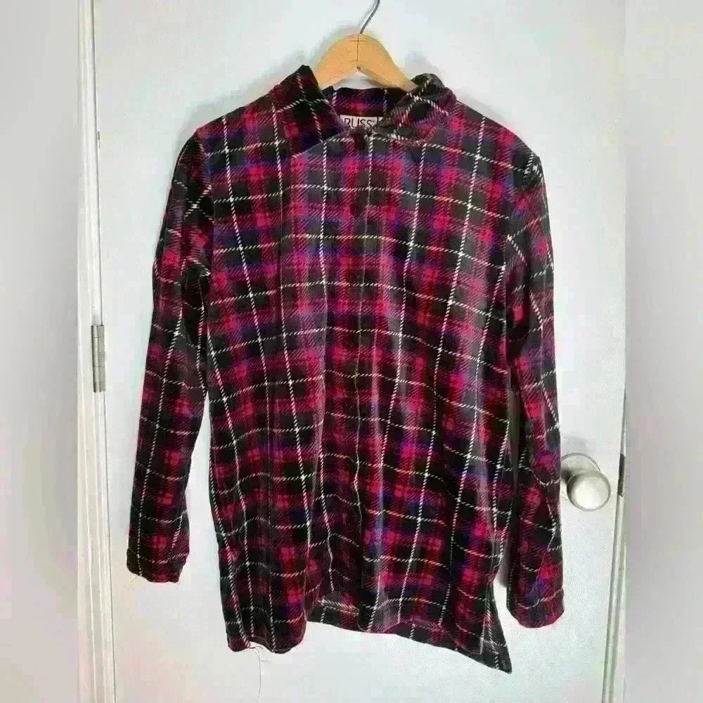 Russ a Liz Claiborne Company plaid velvet button up lightweight coat size M